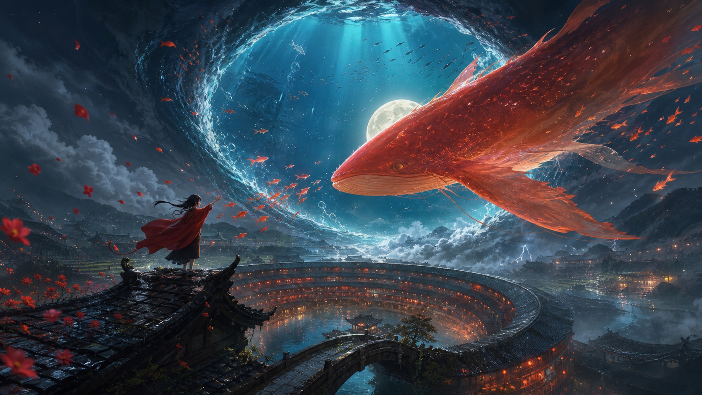 庄静怡《海天之门》关键画面:红衣少女站在土楼屋脊,面对穿过海天之门的巨大红色鲲